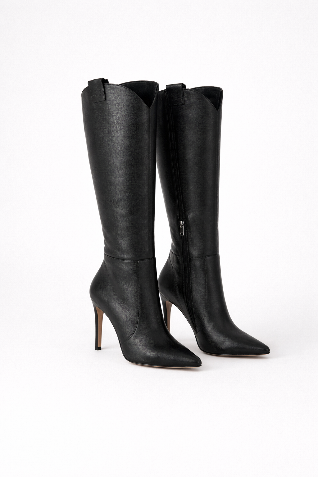 Black knee-high boots with pointed toes, slim stiletto heels, and a visible side zipper.