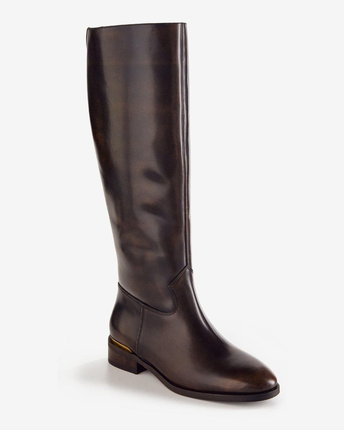 Knee-high riding boot with smooth finish and gold hardware accent at the heel on a light background._0