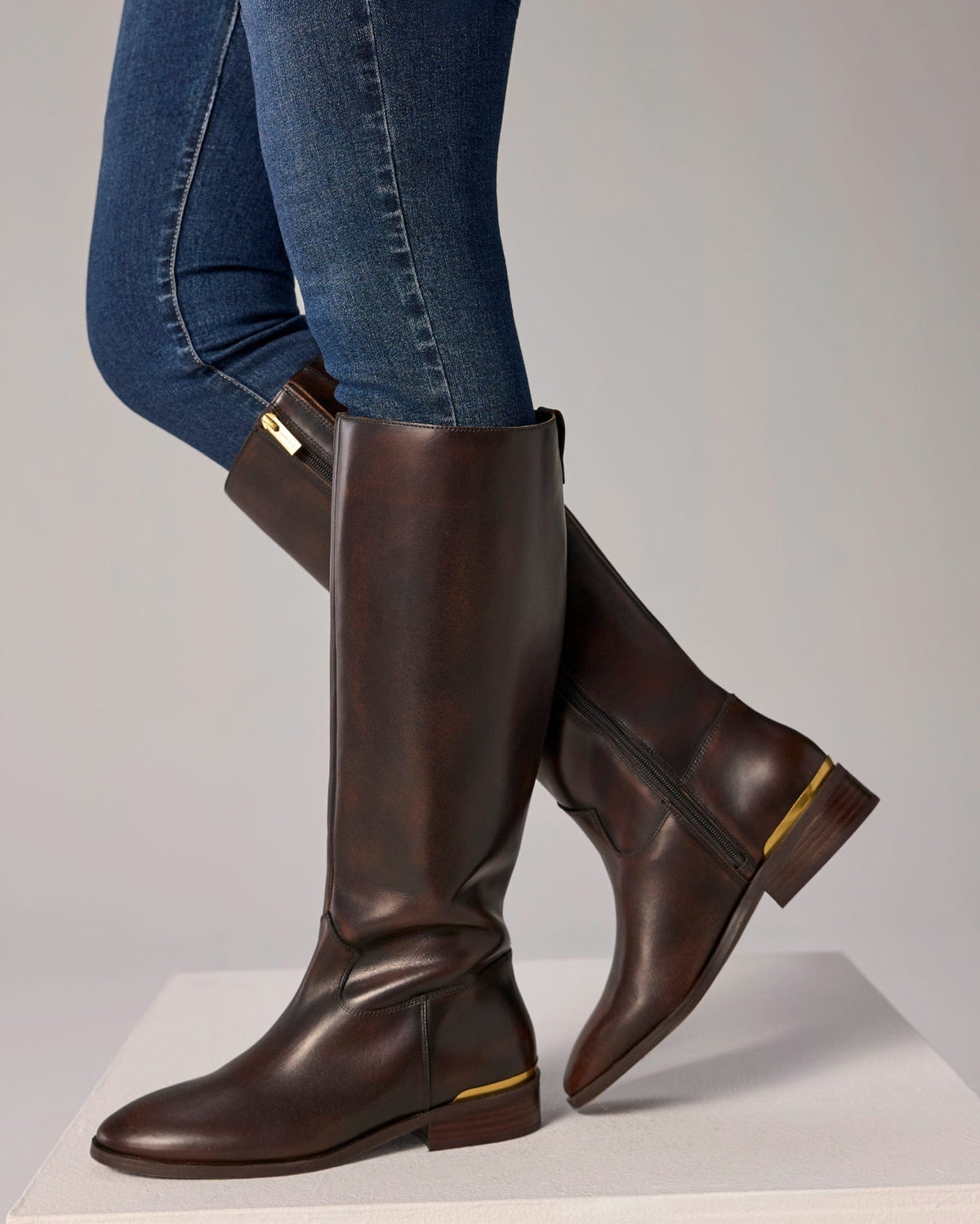 Knee-high riding boot with smooth finish and gold hardware accent at the heel on a light background._1