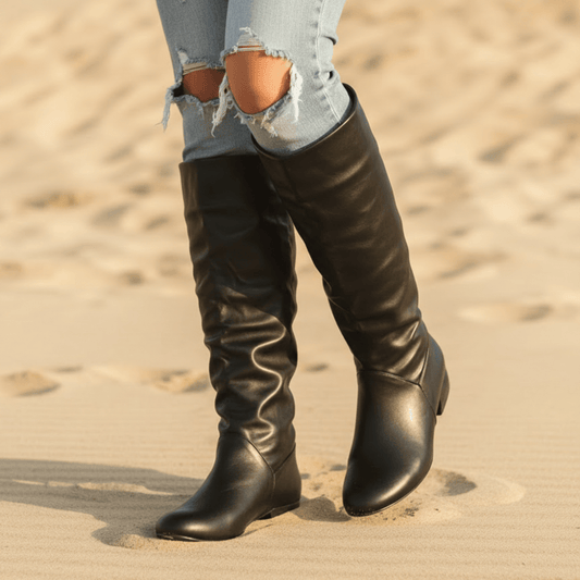 Woman wearing knee high slouchy boots with round toe paired with distressed jeans on a sandy outdoor surface._0