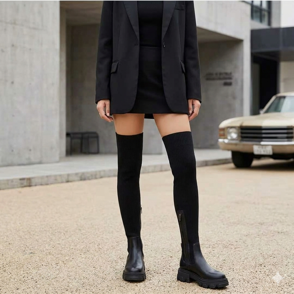 Model wearing black knee-high zip boots with a short skirt and blazer, showing their full-length silhouette and substantial soles outdoors.