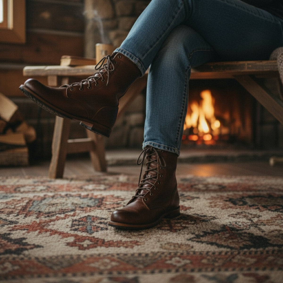 Brown lace-up ankle boots with rounded toes worn with jeans in a cozy indoor setting, including one boot lifted forward.
