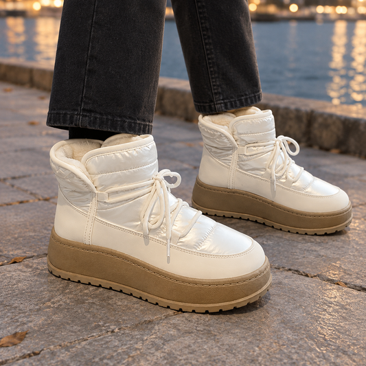 Pair of white lace-up platform puffer boots with padded high-top collars, rounded toes, and tan lug soles worn with black jeans beside a waterfront.