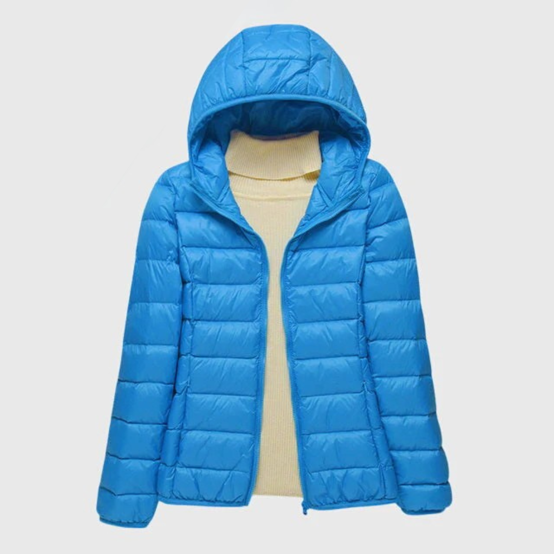 Bright blue hooded quilted puffer jacket presented open, showing its front zipper and streamlined silhouette.