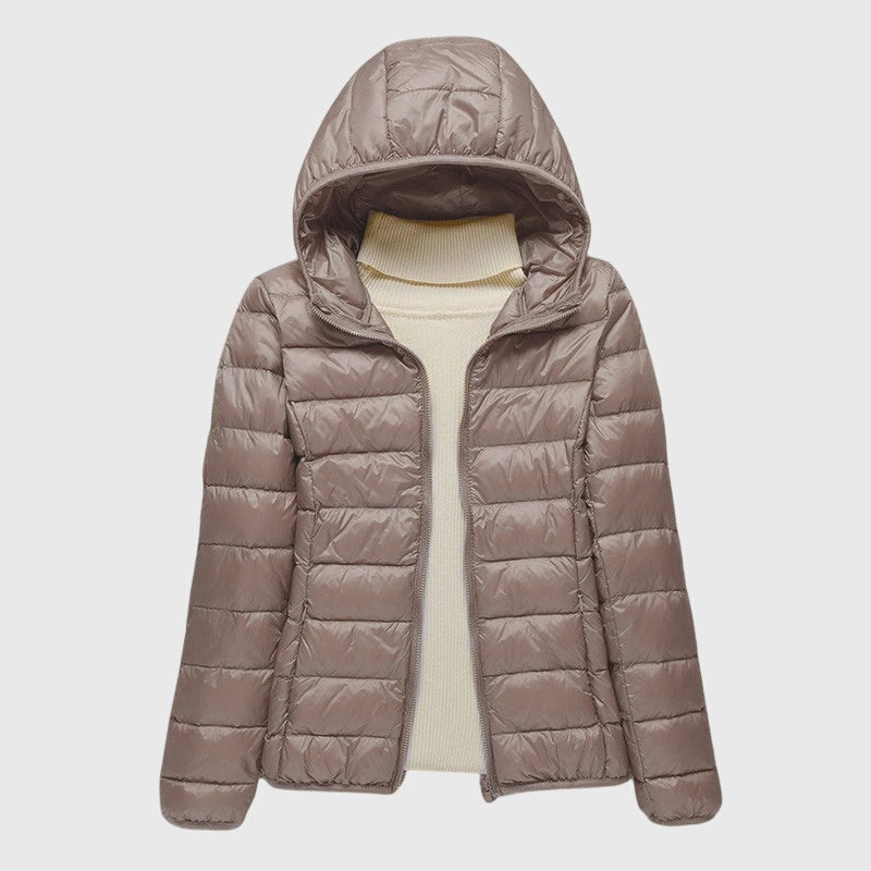 Mauve hooded quilted puffer jacket shown open from the front, revealing its full-length zipper and side pockets.