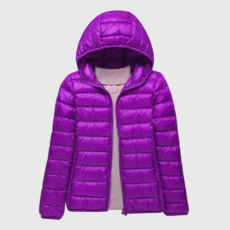 Bright purple lightweight puffer jacket with an attached hood, horizontal quilting, and an open front.