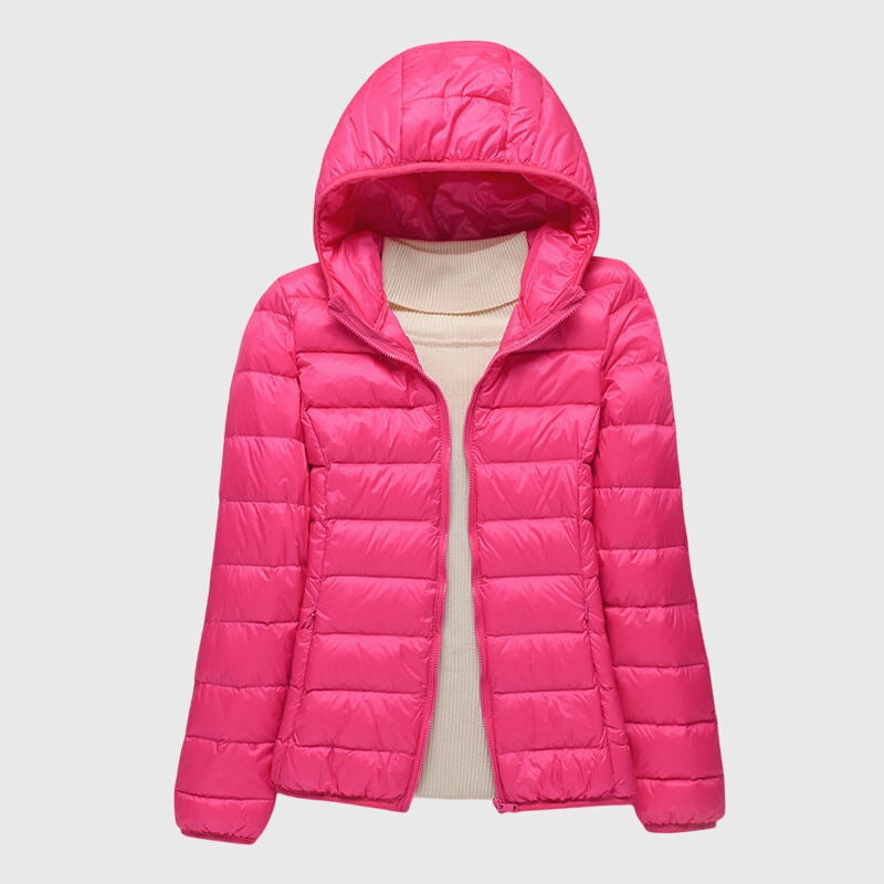 Vivid pink hooded puffer jacket displayed open, highlighting its slim shape and evenly spaced horizontal quilting.