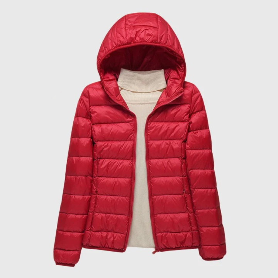 Red lightweight quilted jacket with a raised hood, open front zipper, and two visible side pockets.