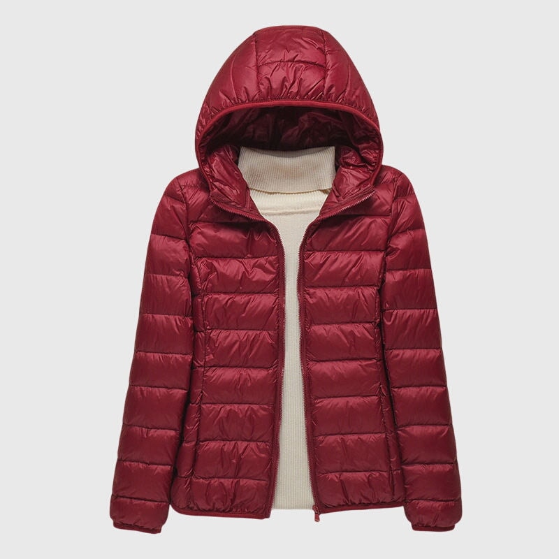 Deep burgundy hooded puffer jacket shown front-facing with its open zipper and padded horizontal sections.