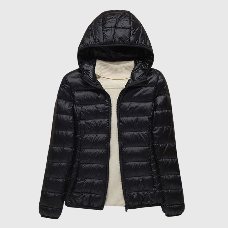 Black hooded quilted puffer jacket shown open from the front, with matching dark quilting and side pockets.