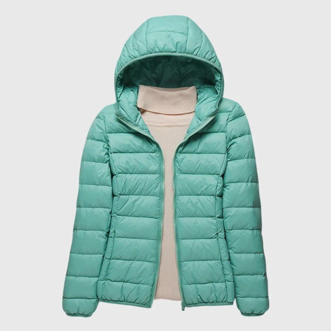 Aqua lightweight puffer jacket with an attached hood, open front, and horizontal quilted panels.