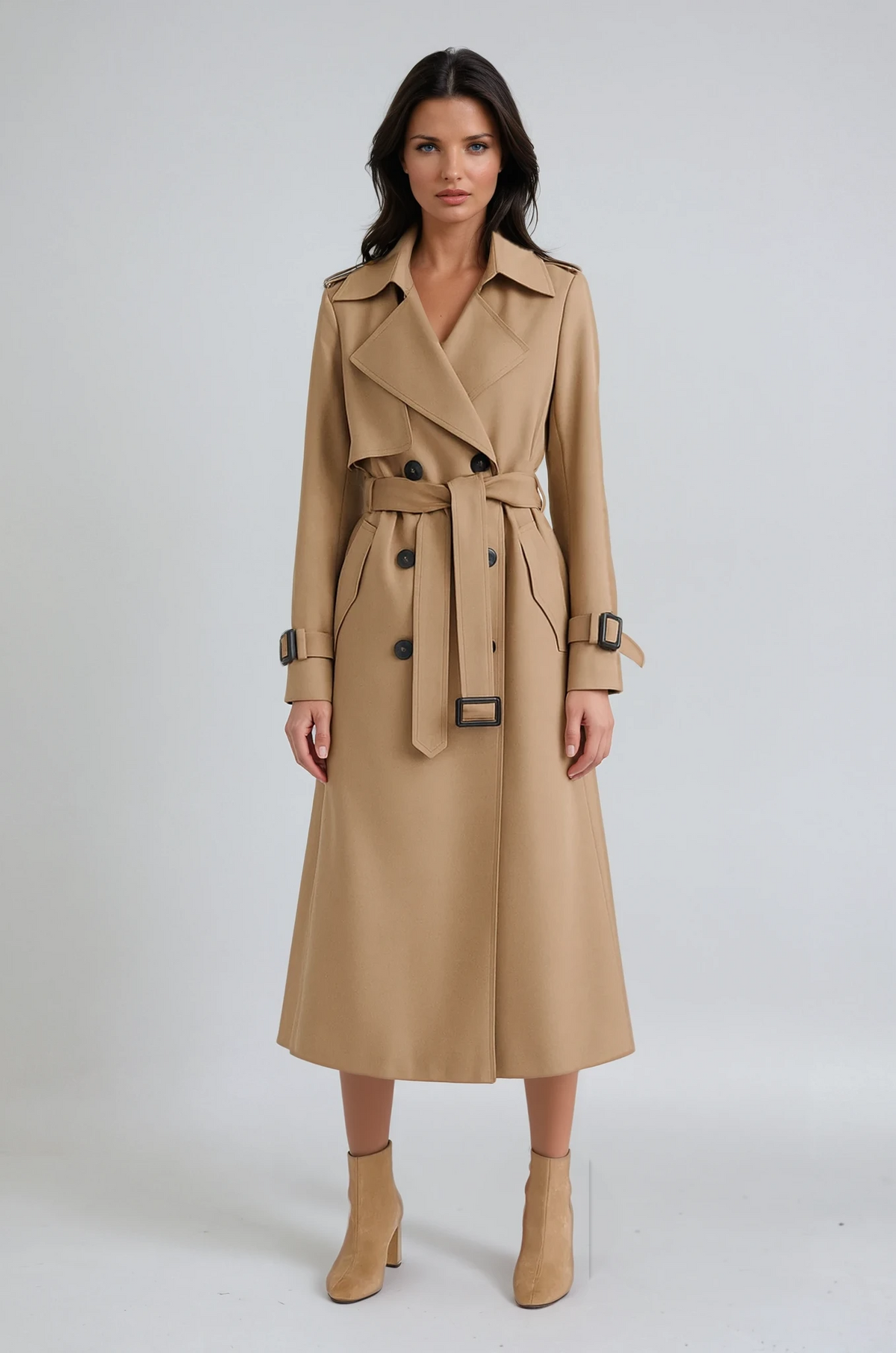 Front view of a camel long belted trench coat with wide lapels, double-breasted buttons, cuff straps, and a defined waist.