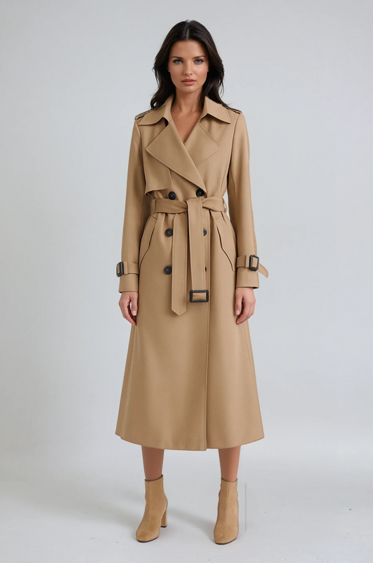 Front view of a camel long belted trench coat with wide lapels, double-breasted buttons, cuff straps, and a defined waist.