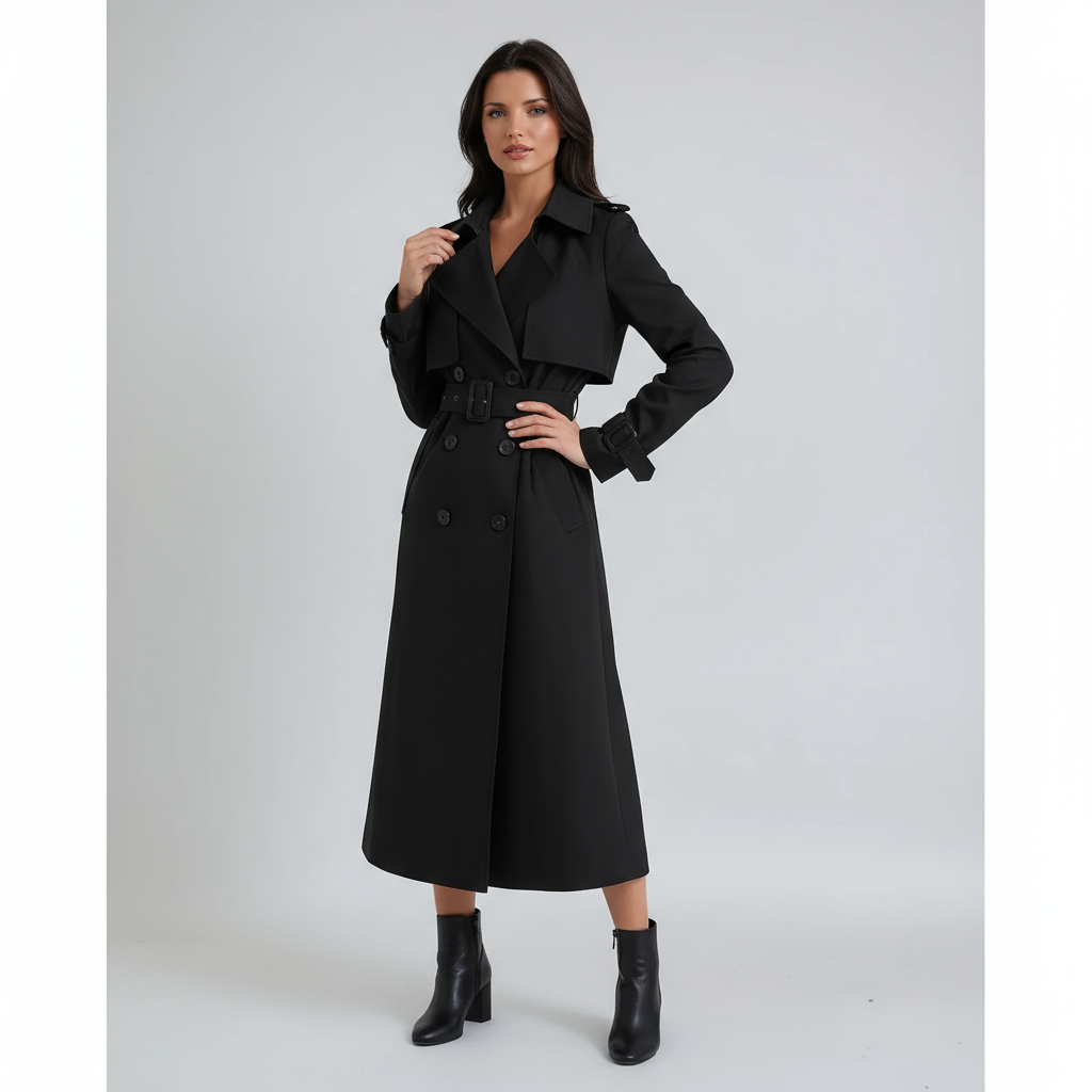 Black long trench coat styled with a raised collar, double-breasted front, belted waist, and ankle boots.