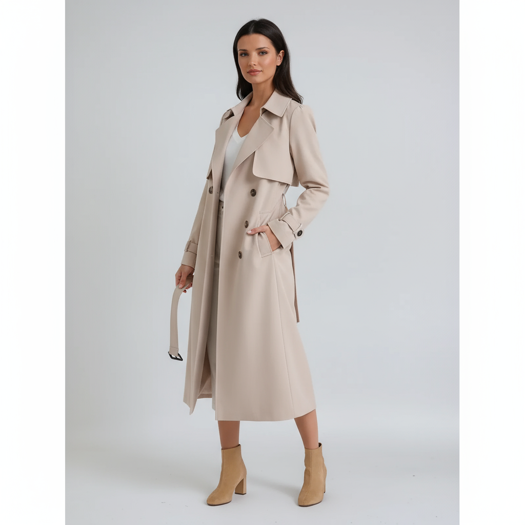 Side-facing view of a light beige long trench coat showing its open double-breasted front, shoulder detail, waist belt, and side pockets.
