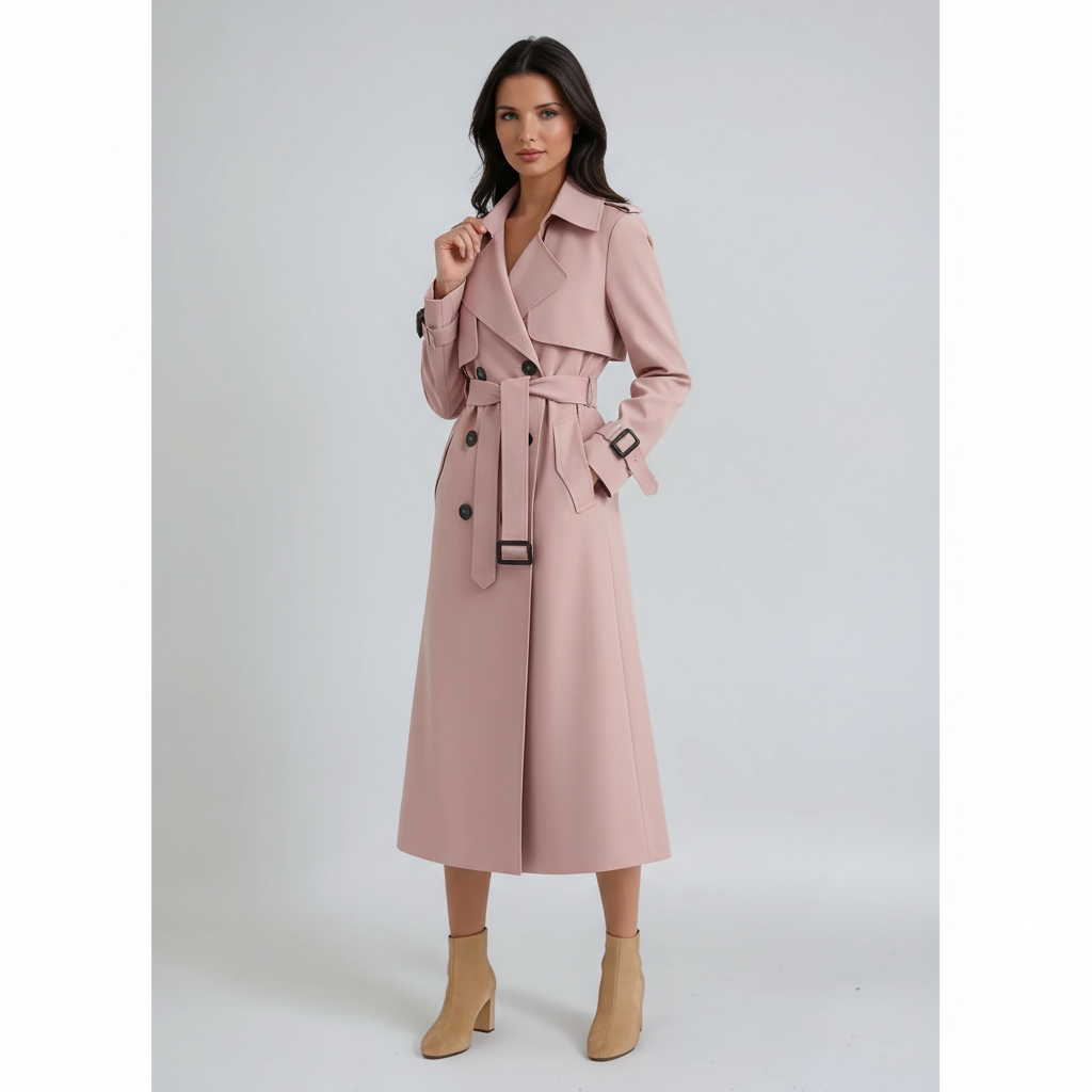 Pink long belted trench coat featuring wide lapels, double-breasted buttons, cuff straps, and a rectangular belt buckle.