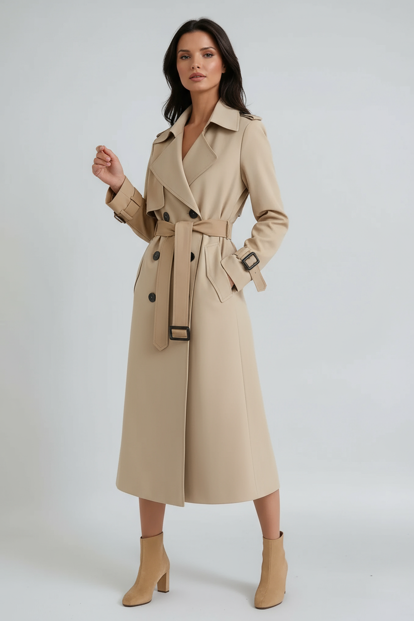 Three-quarter view of a beige trench coat with a cinched belt, flared long silhouette, buttoned cuffs, and lapel collar.