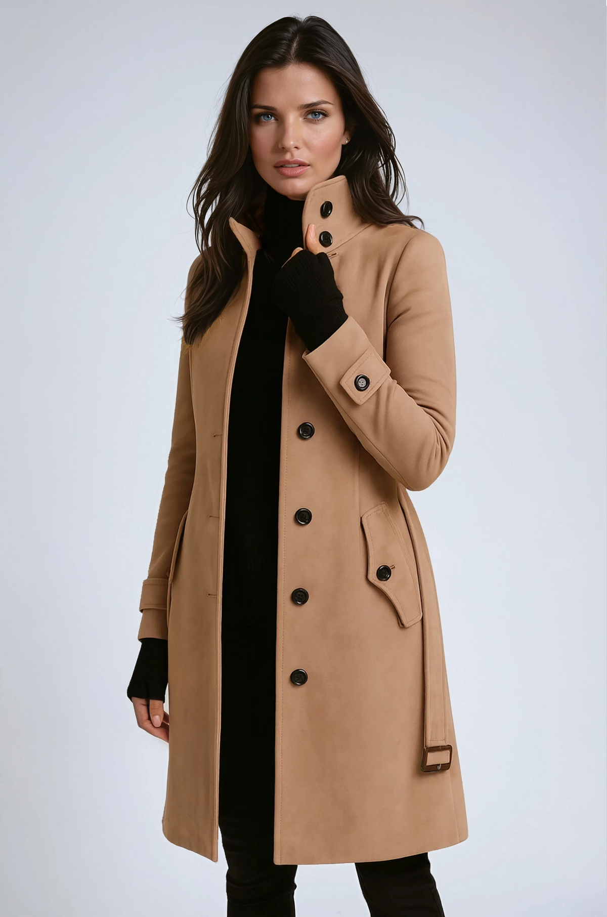 Camel long coat with a high stand collar, button-front closure, belted waist, cuff tabs, and angled side pockets.