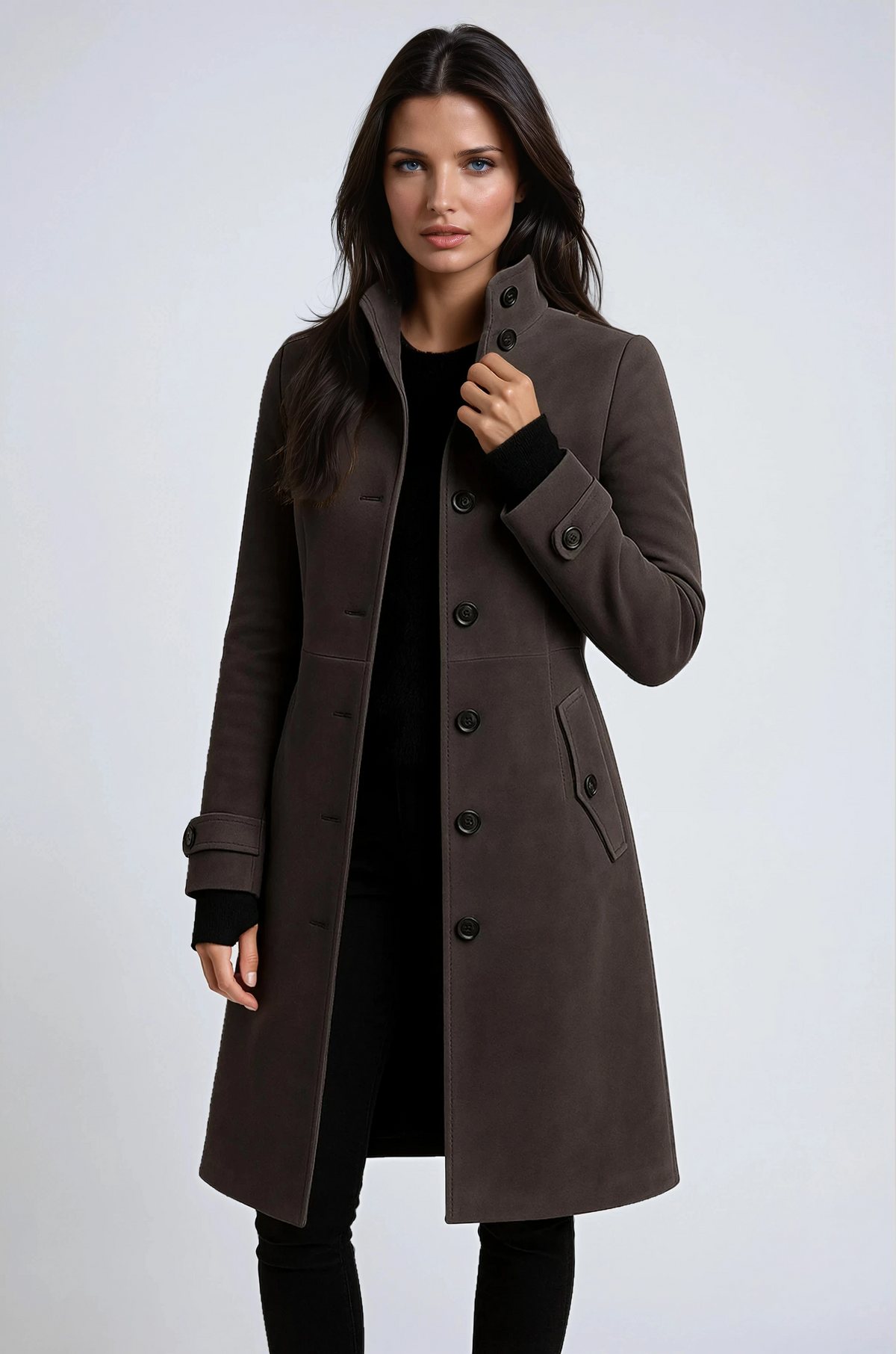 Dark brown long coat shown with its stand collar raised, front buttons, cuff details, and a zippered side pocket.