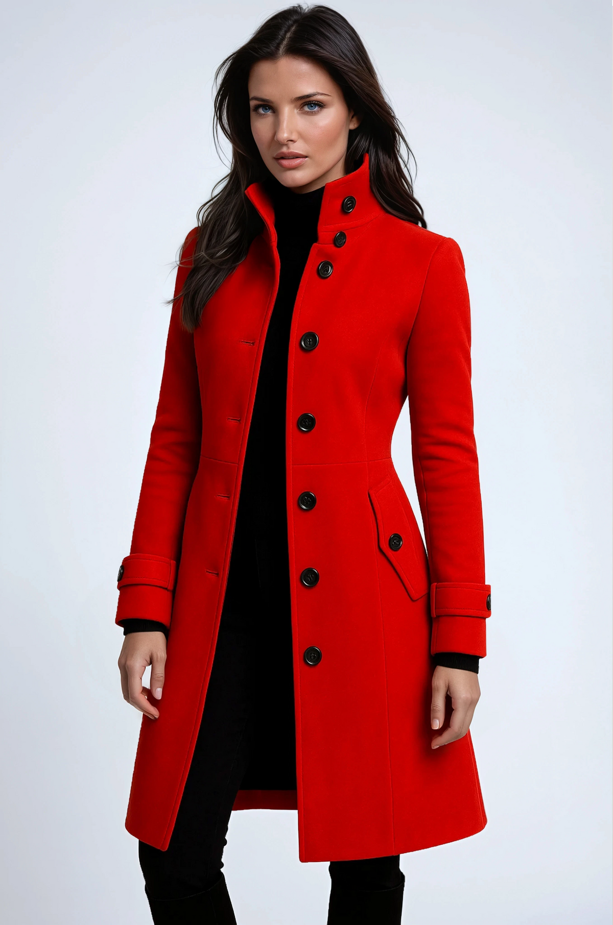 Bright red long coat featuring a high stand collar, contrasting dark buttons, belted waist, and flap side pockets.
