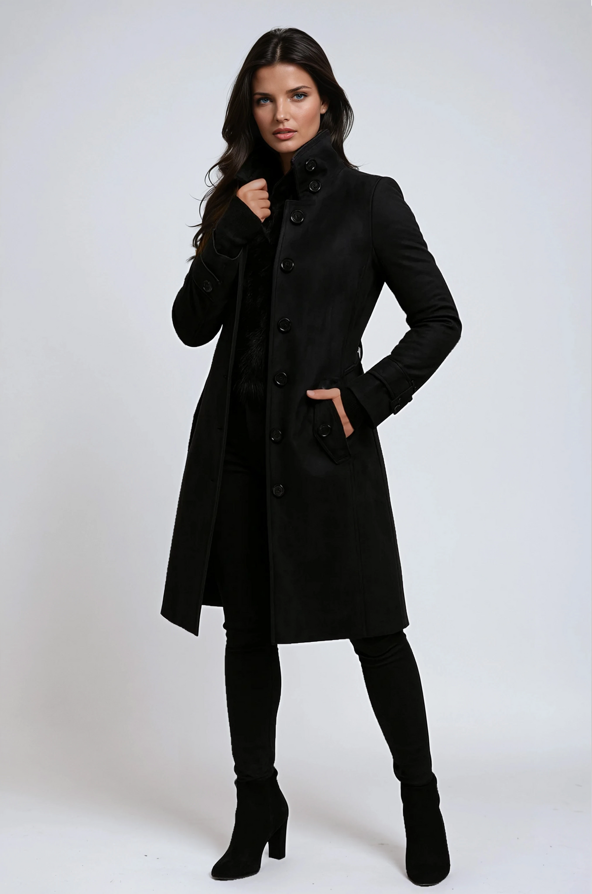 Black long coat styled with a raised stand collar, button front, defined waist, and hands placed near the side pockets.