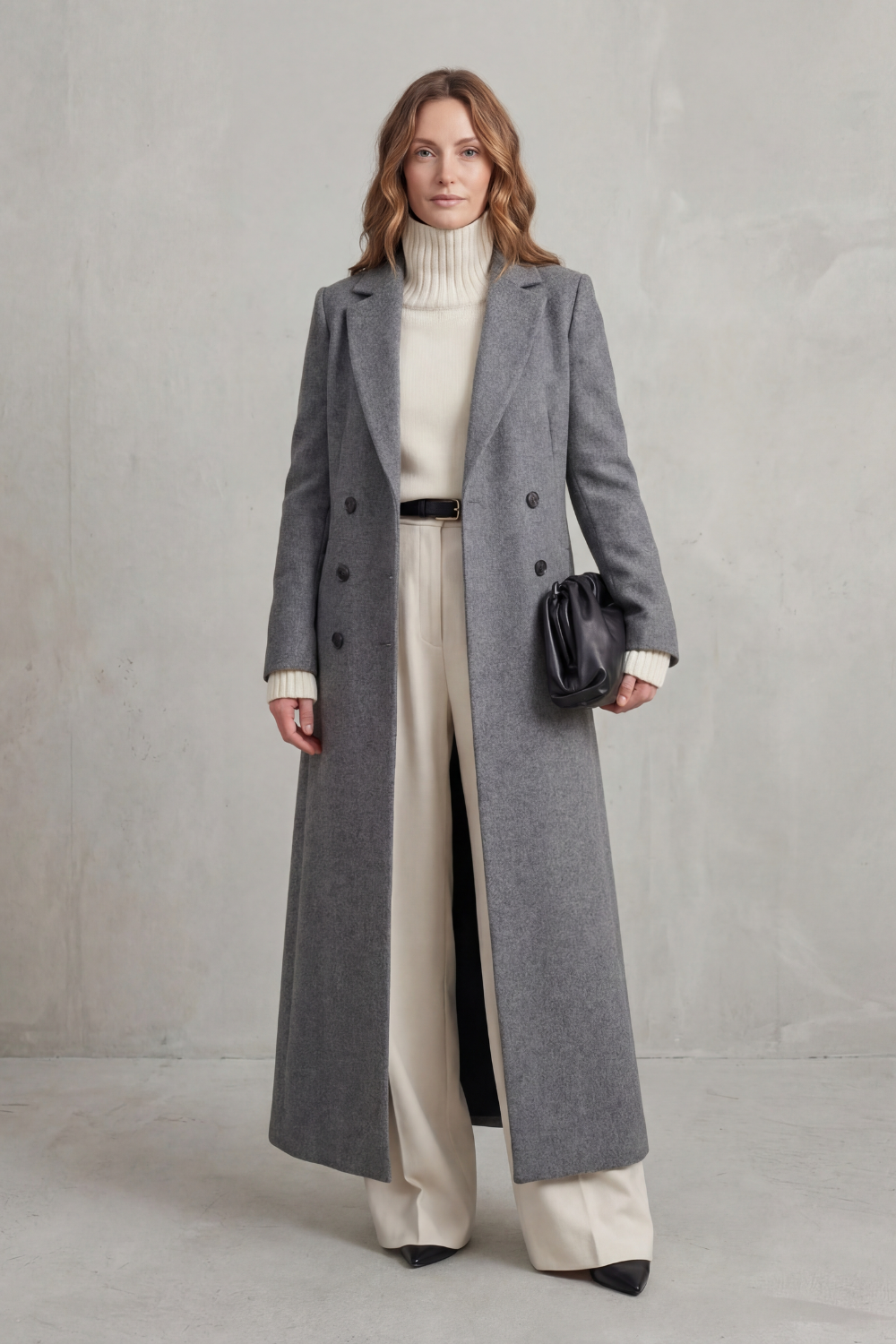 Gray double-breasted coat shown in a full front view, highlighting its extended length and neat tailored fit.