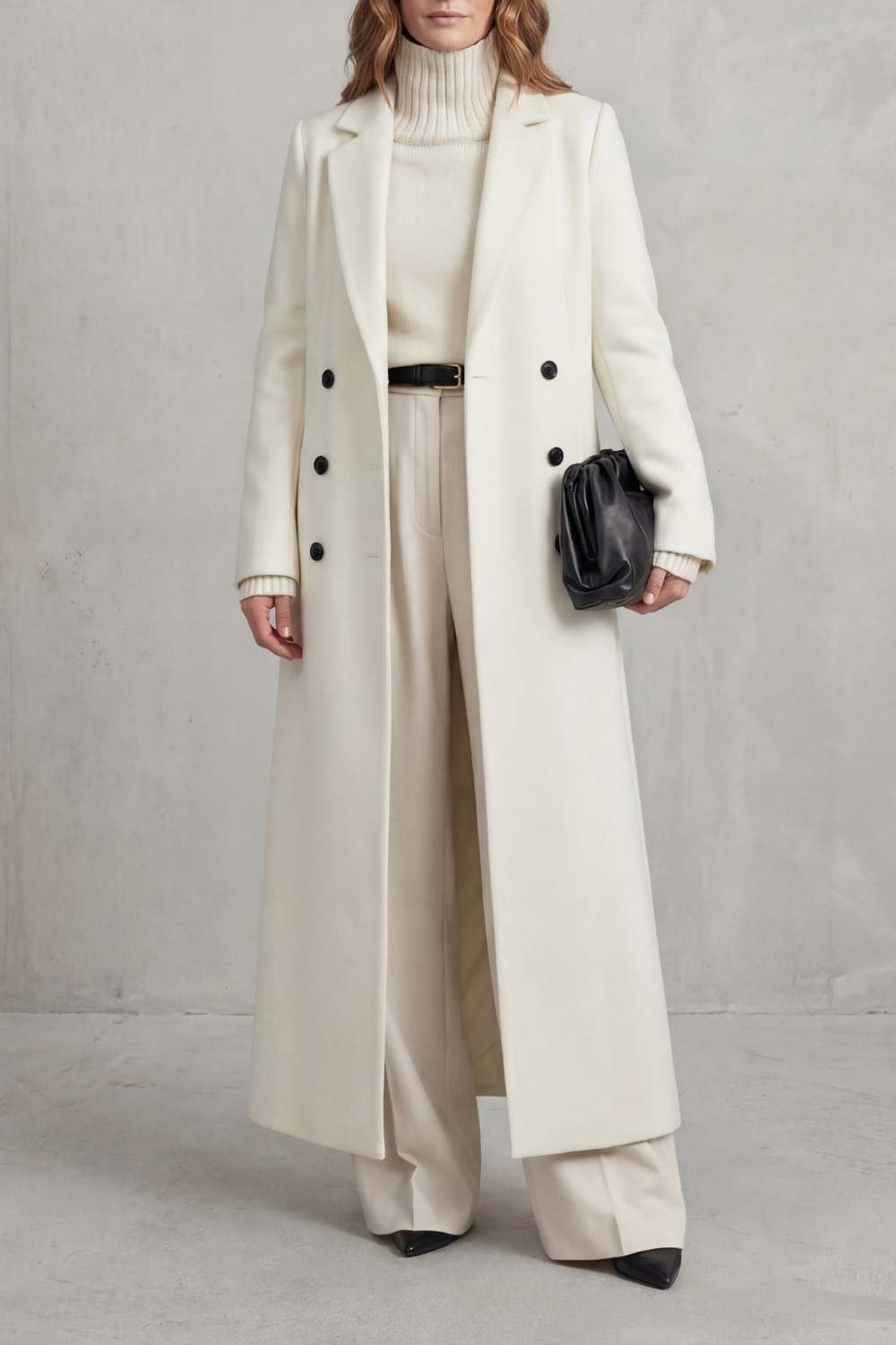Front view of an ivory long double-breasted coat with notched lapels and contrasting dark buttons, worn over a cream outfit.