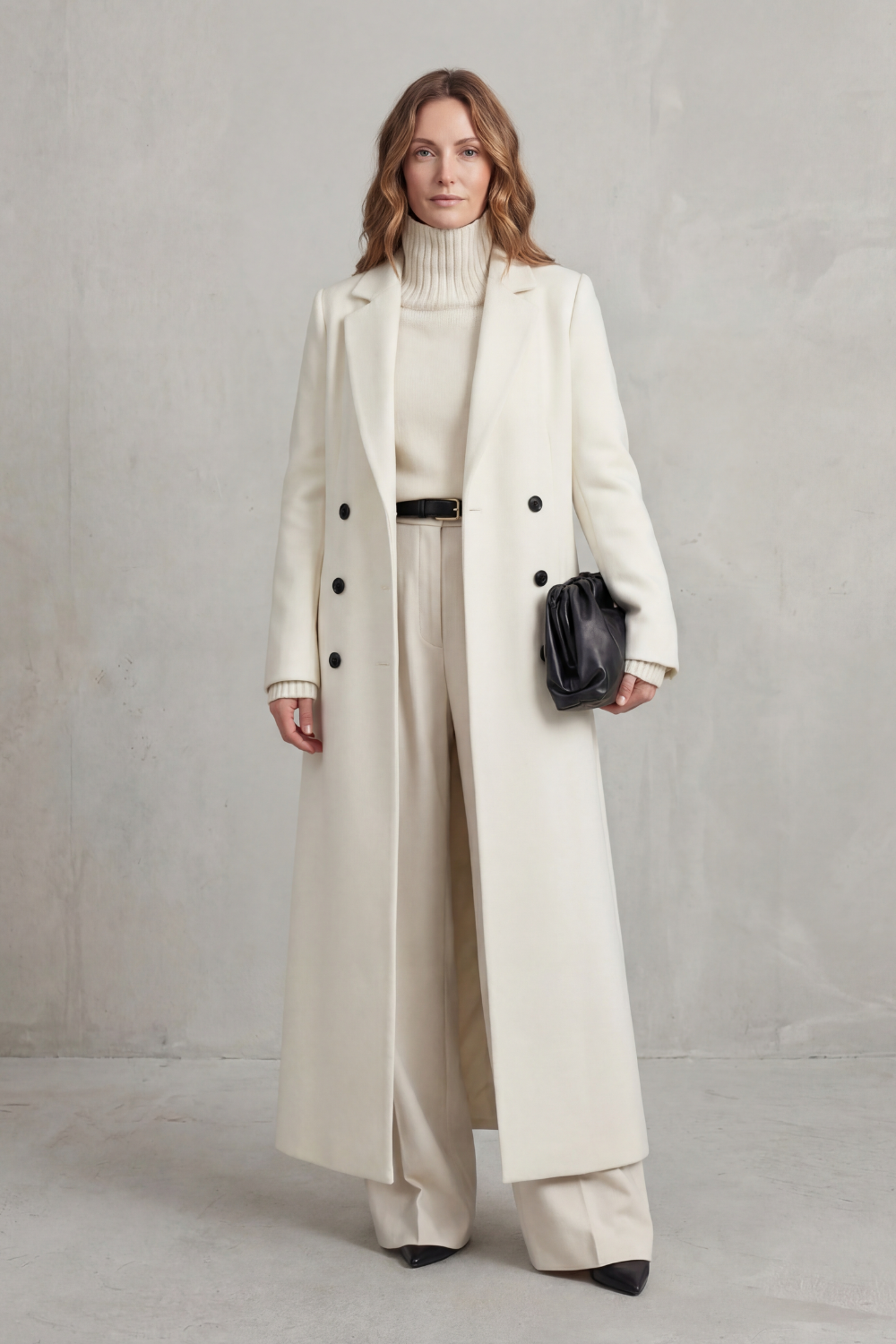 Ivory tailored coat shown fully from the front, highlighting its long silhouette, structured shoulders and long sleeves.