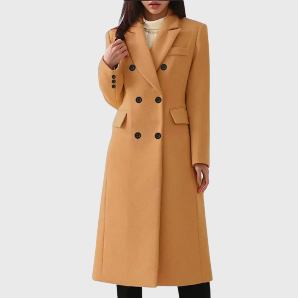 Camel long tailored coat with a double-breasted button front, notched lapels, defined shoulders, sleeve buttons, and front flap pockets.