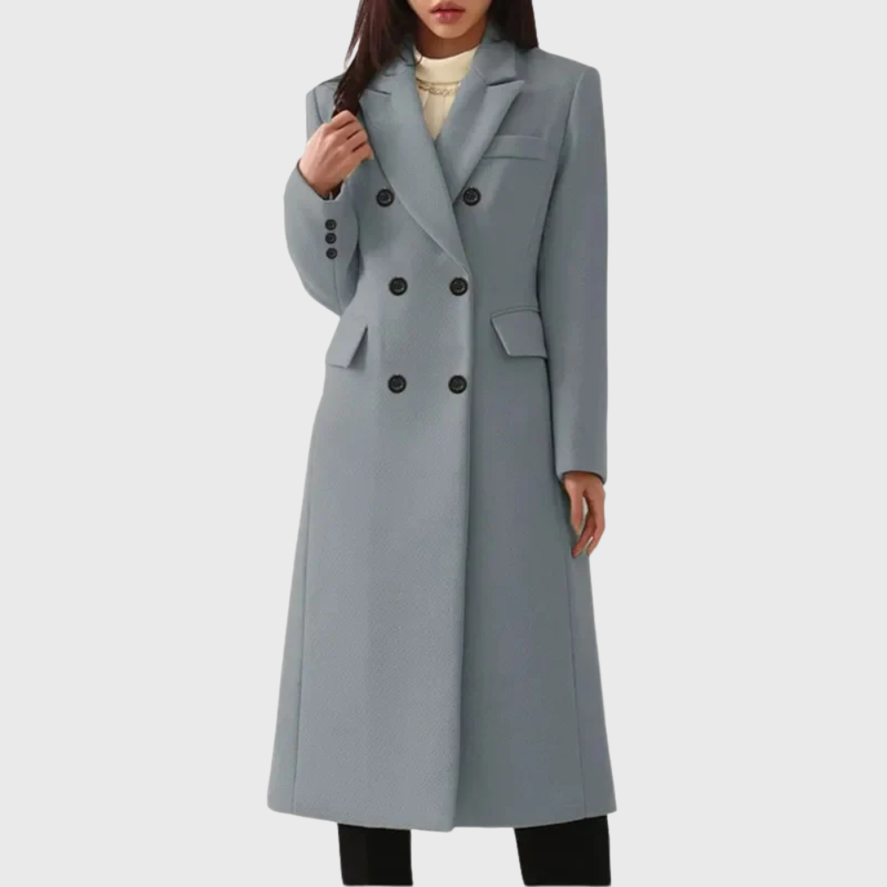 Light gray long double-breasted coat shown with notched lapels, structured shoulders, sleeve buttons, and flap pockets.