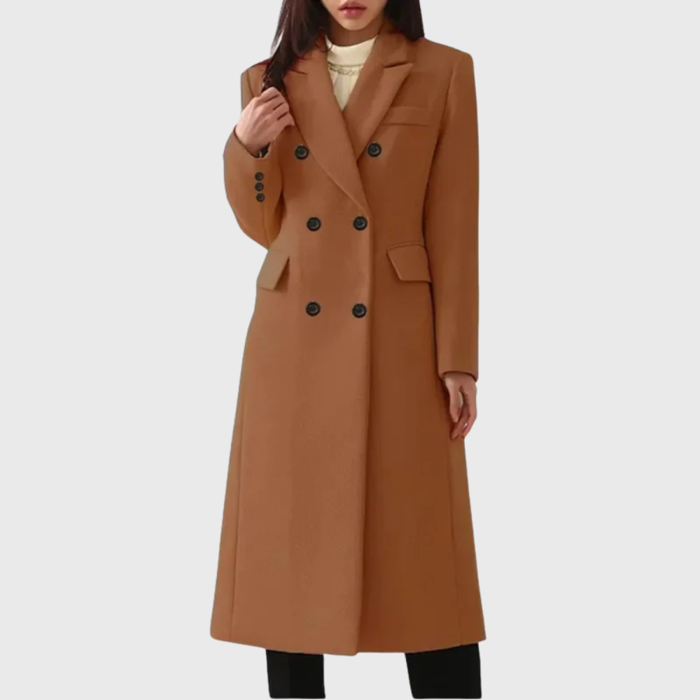 Warm brown tailored coat with a long silhouette, six visible front buttons, notched lapels, and two flap pockets.