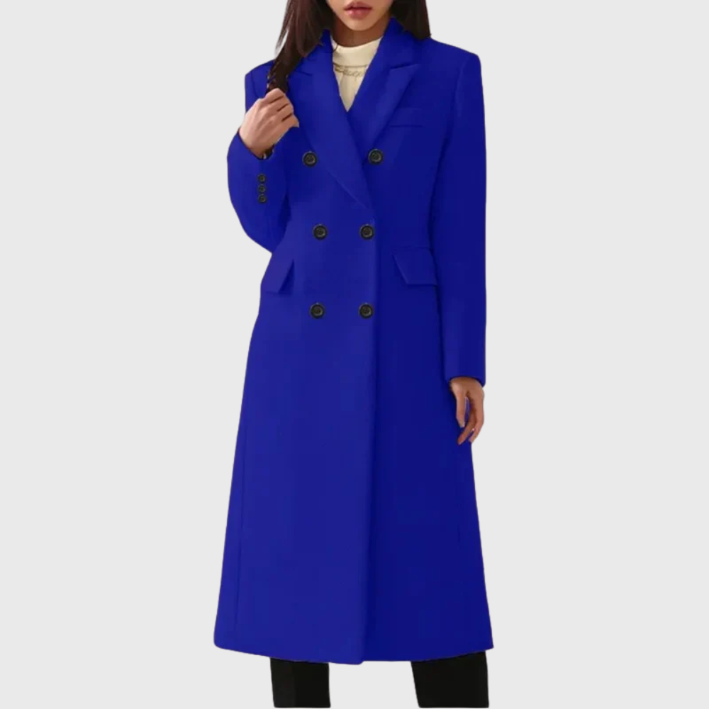 Bright blue long tailored coat with paired rows of buttons, notched lapels, sleeve detailing, and front flap pockets.