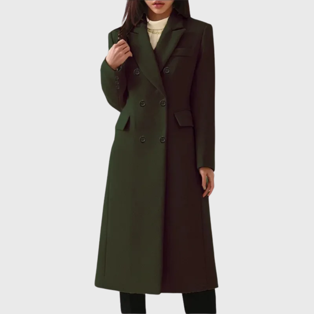 Dark olive long coat with a structured double-breasted front, notched lapels, defined shoulders, and flap pockets.