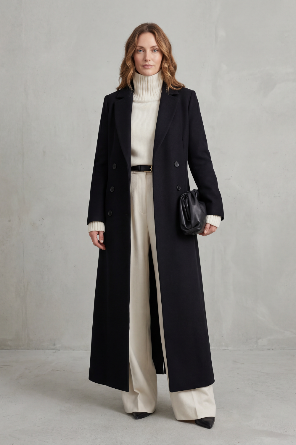 Black tailored coat shown fully from the front, highlighting its long straight silhouette, structured shoulders and double rows of buttons.