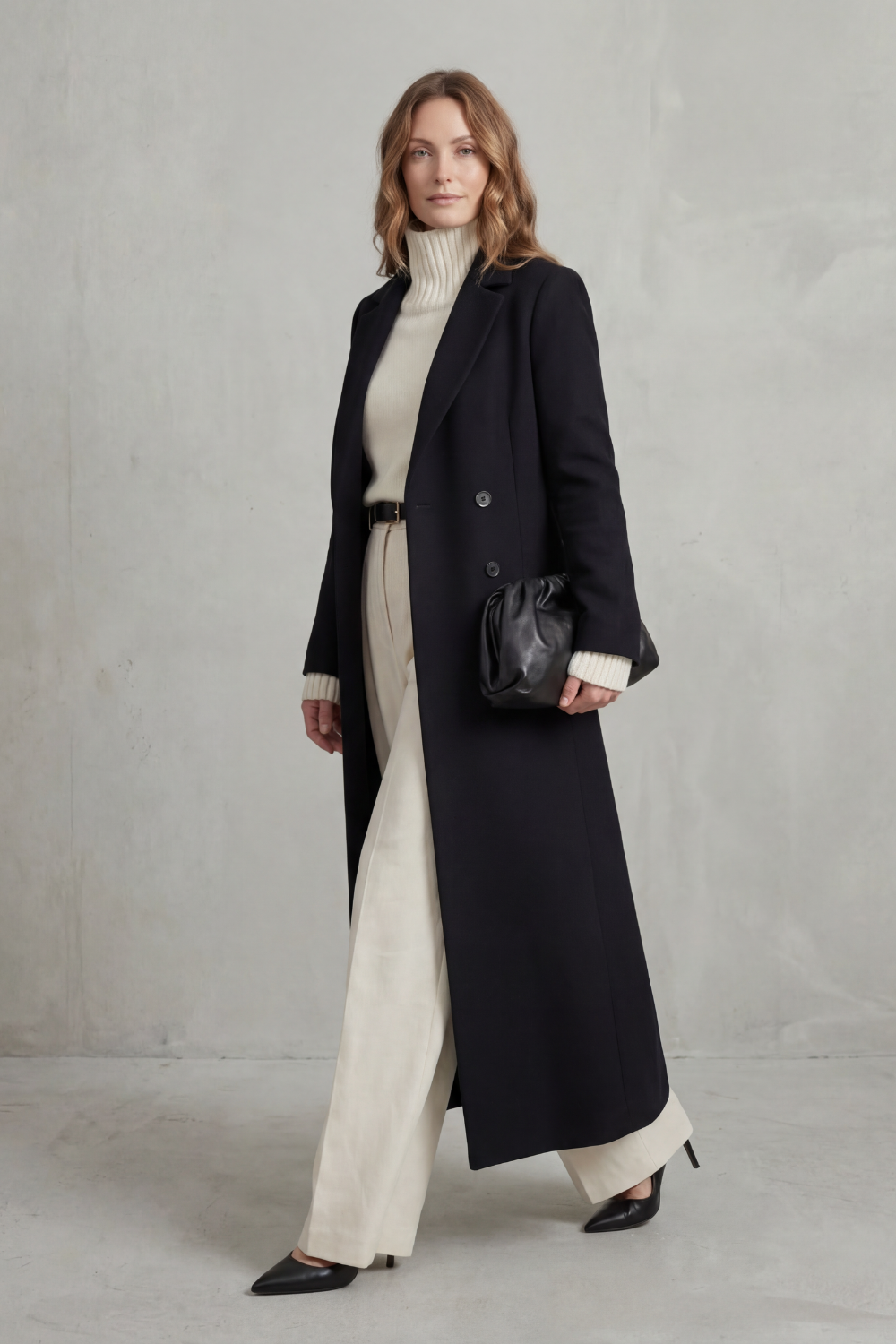 Three-quarter view of the black long coat, showing the notched lapel, button front and coat opening over cream trousers.