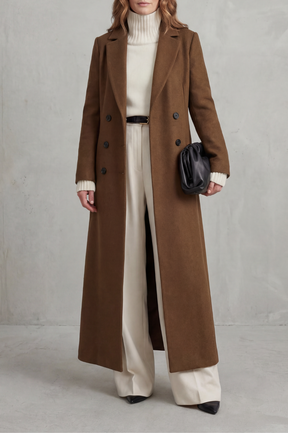 Front view of the brown long double-breasted coat with notched lapels and dark buttons, styled with a cream outfit.