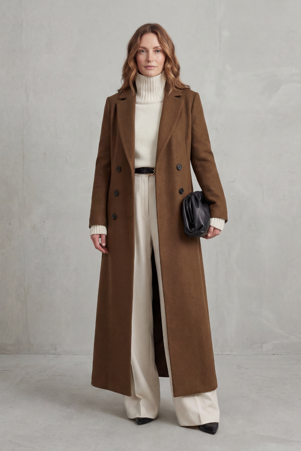 Brown tailored coat shown straight on, emphasizing its floor-length-inspired silhouette, long sleeves and evenly spaced double-breasted buttons.