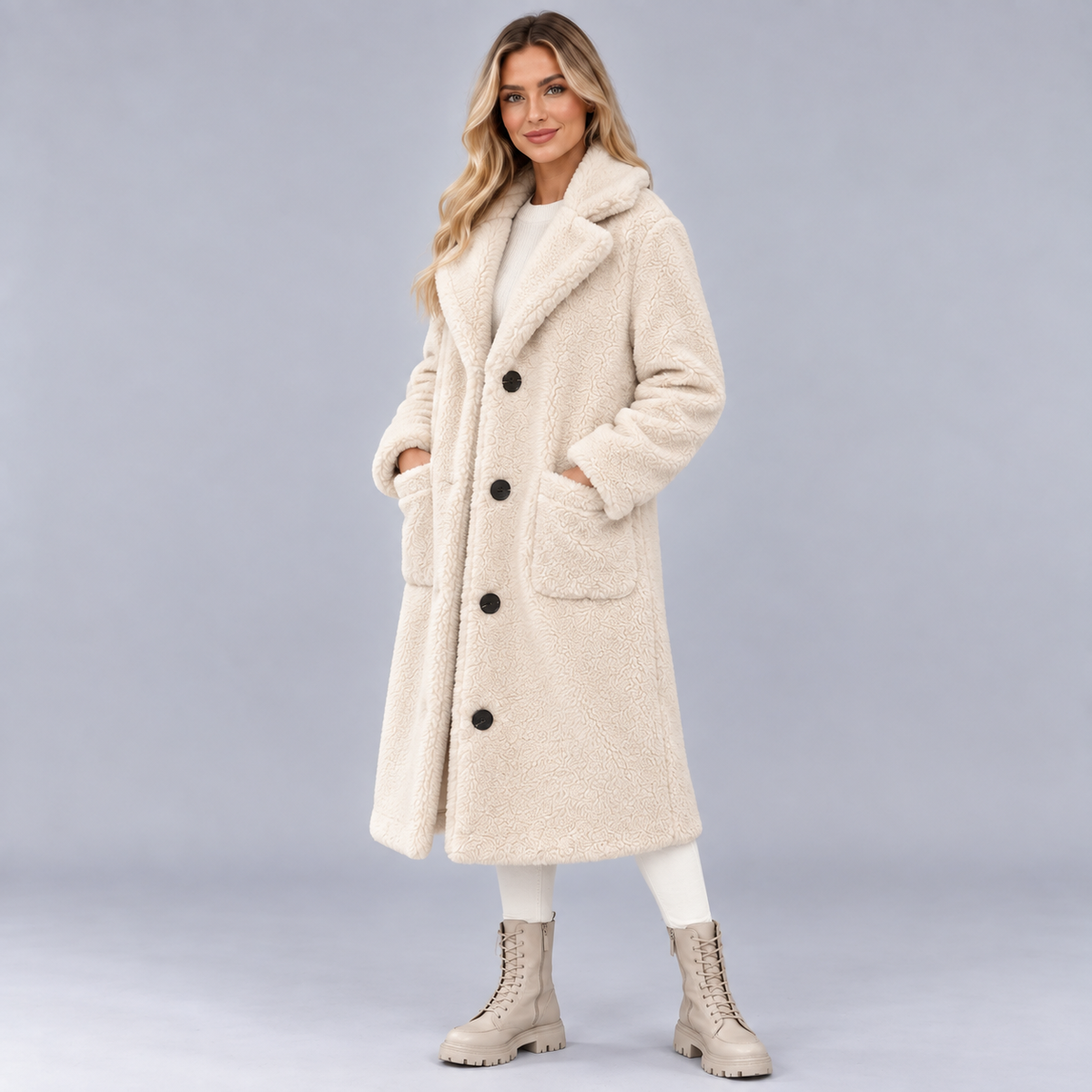Model wearing the cream version of a long faux fur coat, showing its wide collar, button closure, and front patch pockets.