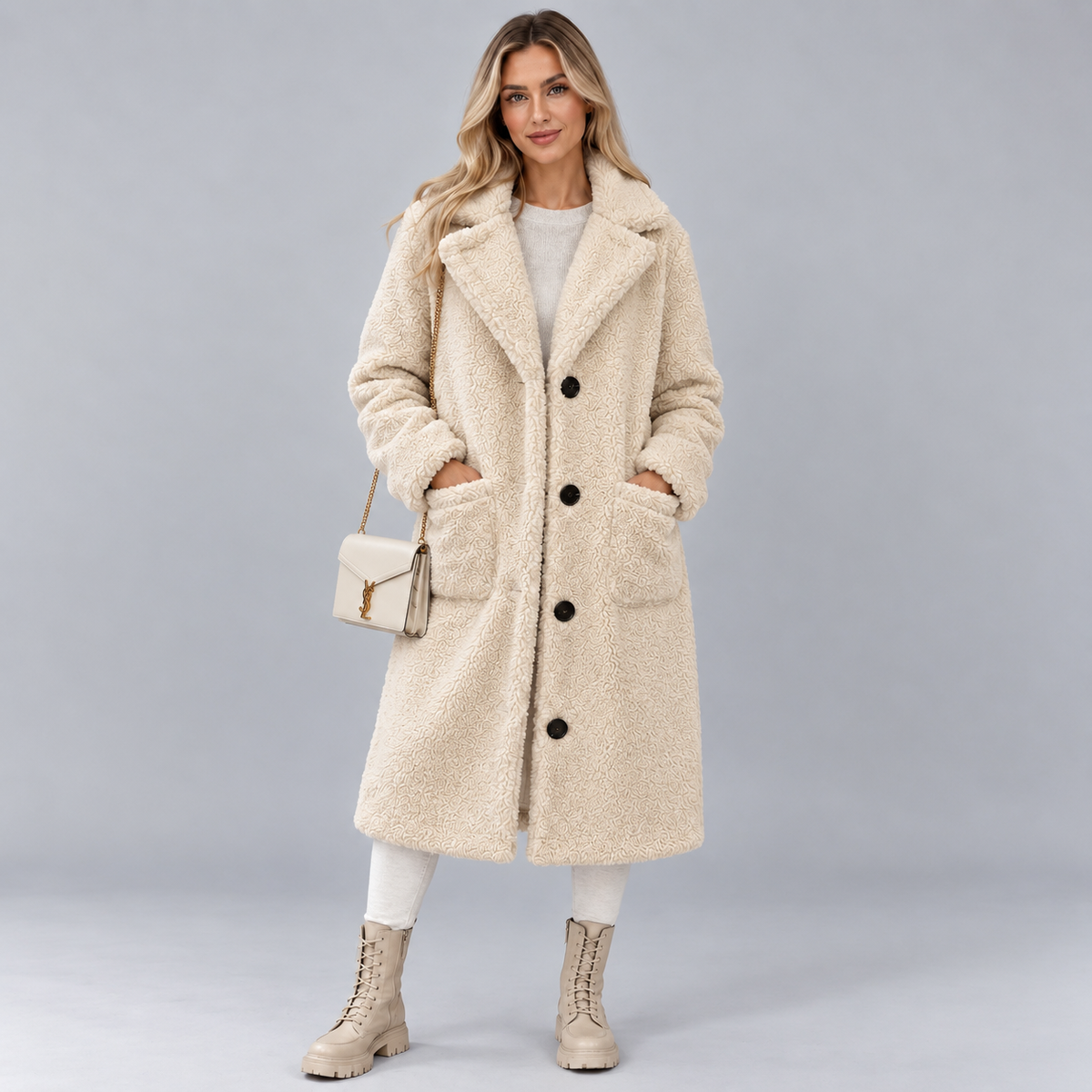 Front view of a cream long faux fur coat styled with a shoulder bag, highlighting the button front and two hand pockets.