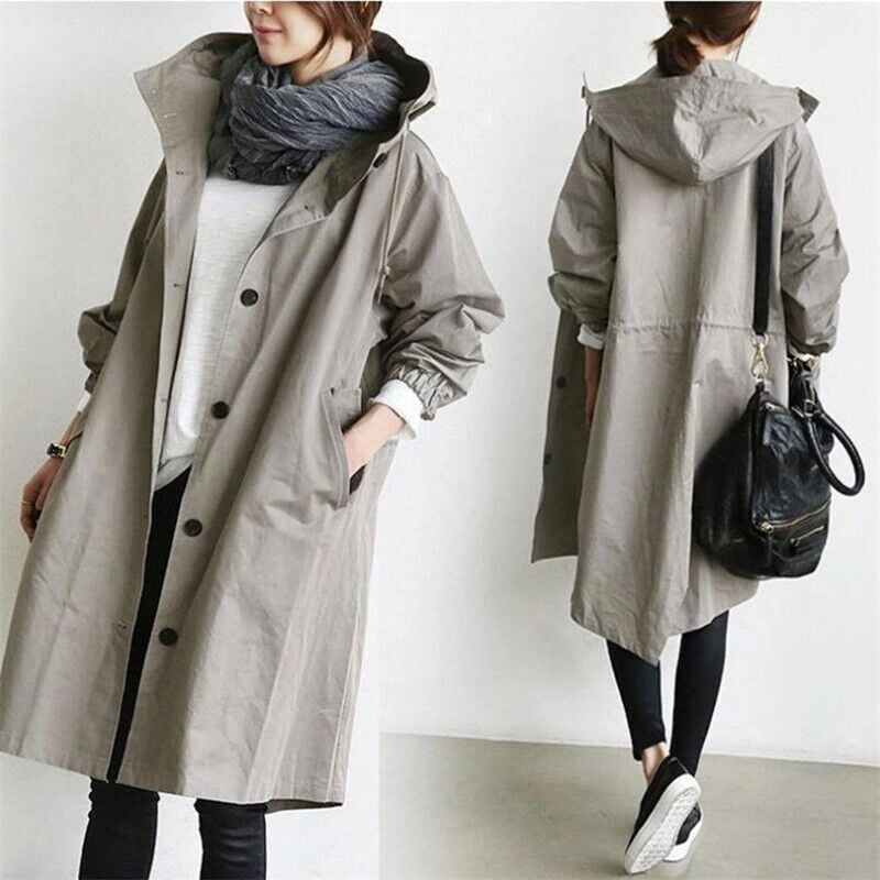 Gray long hooded coat shown in front and back views, revealing its button front, side pockets, rear hood, long hem, and gathered waist detail.