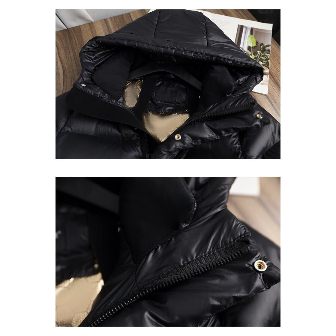 Detail views of the jacket’s hood opening, inner lining, zipper, and snap closure.