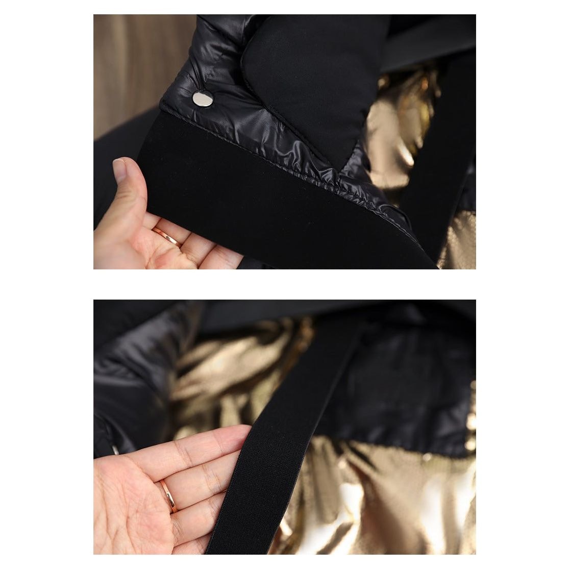 Detail views showing the hood edge and a wide black fastening strap against the jacket lining.