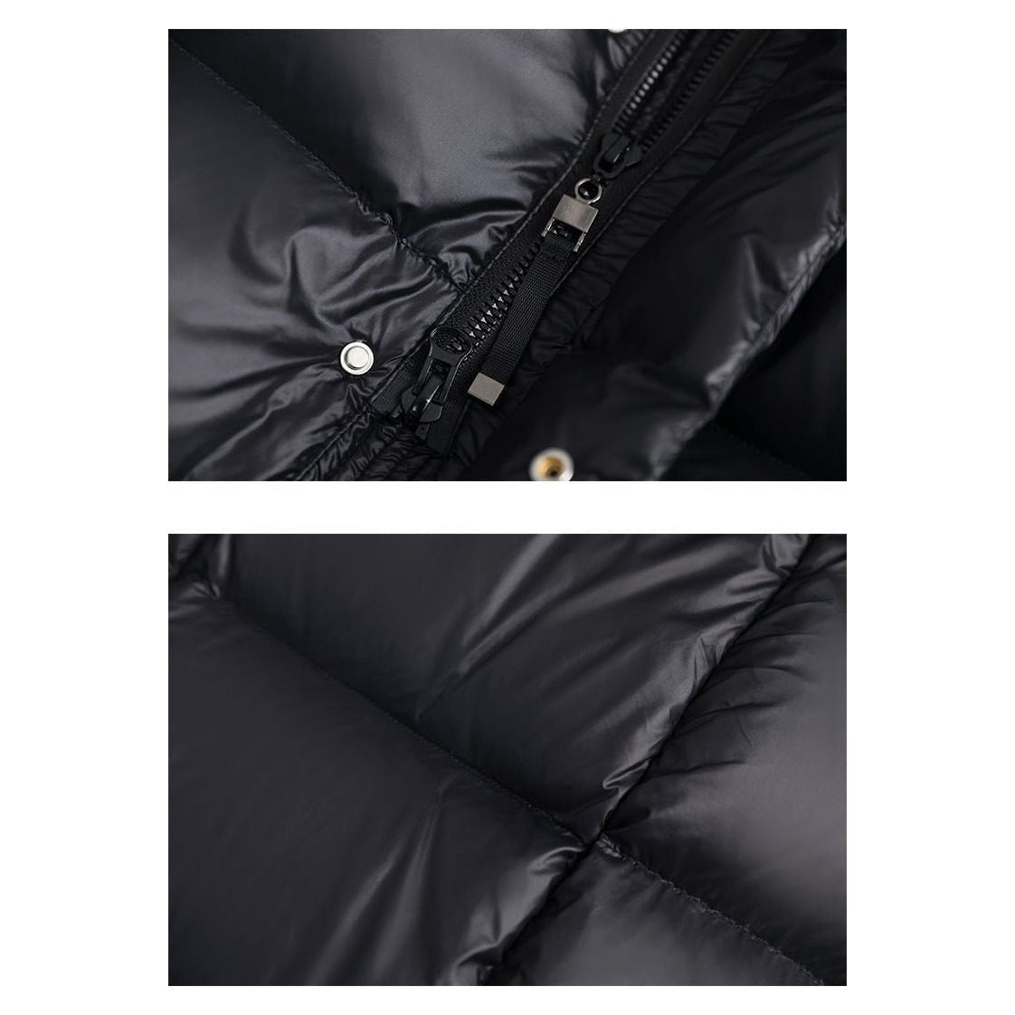 Detail views of the front zipper assembly and the jacket’s smooth quilted panels.