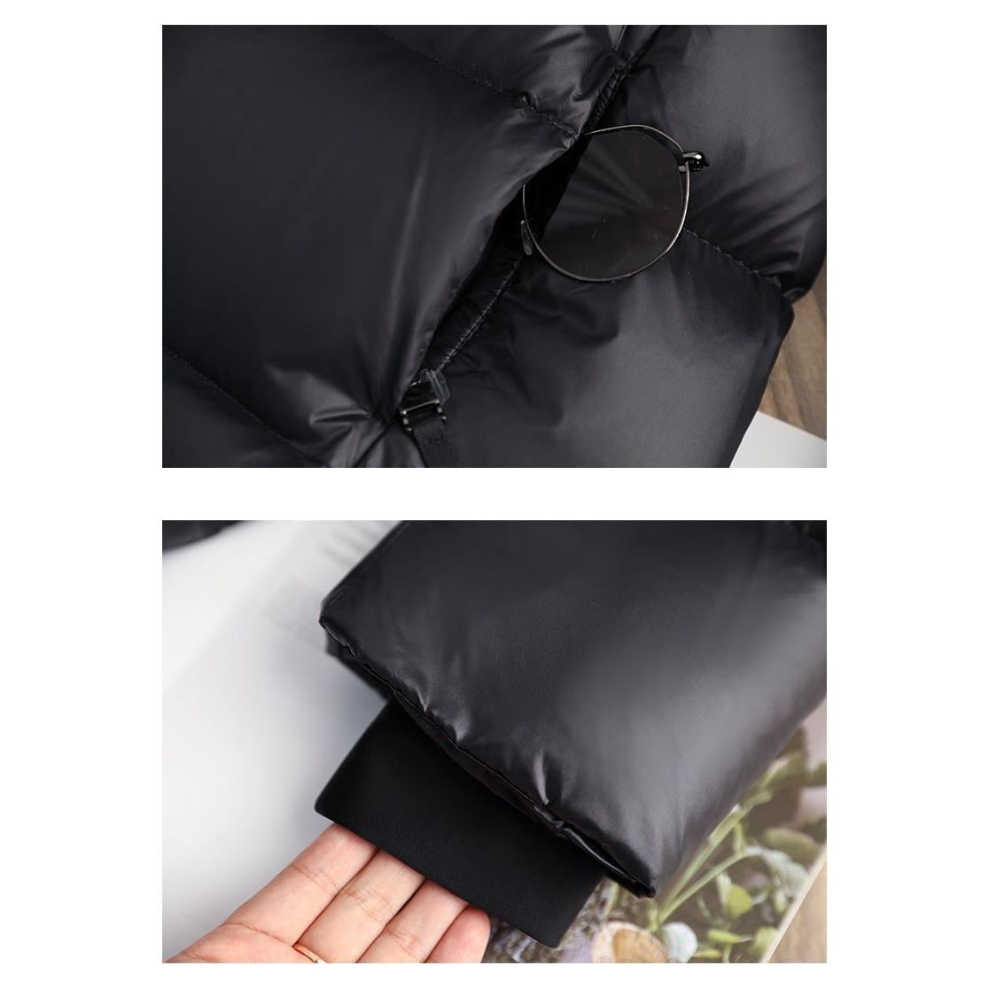 Detail views showing a side pocket opening with a round pull and a ribbed sleeve cuff.