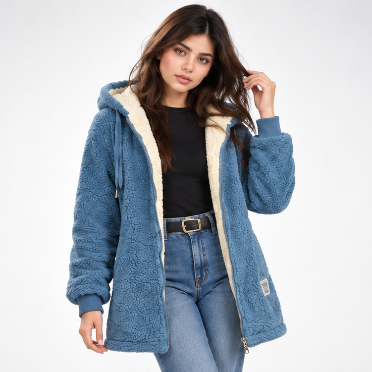 Front view of a blue long teddy jacket with a hood, cream lining, open zip front, long sleeves, and ribbed cuffs.
