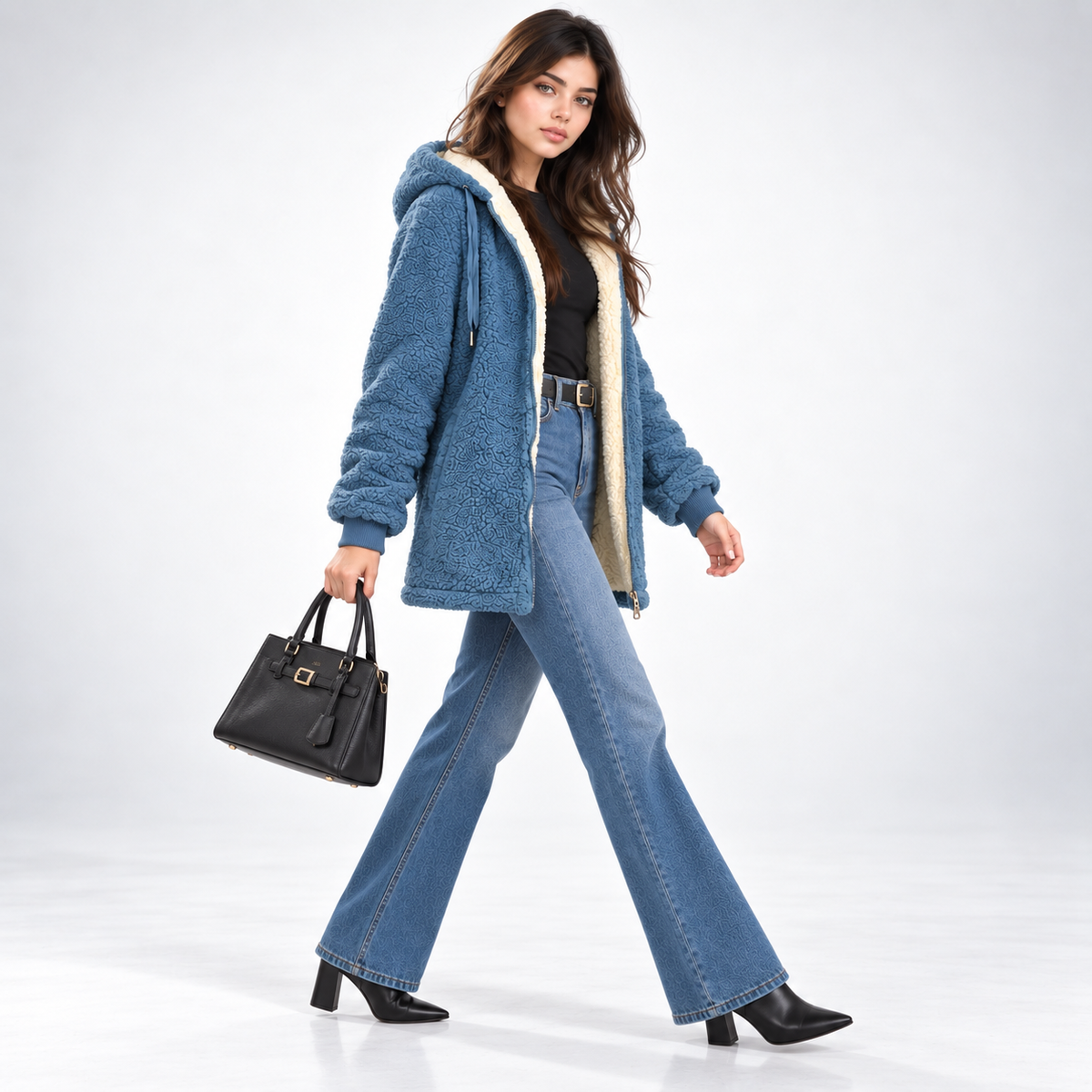 Full-length view of the blue long teddy jacket styled with flared jeans, ankle boots, and a black handbag.