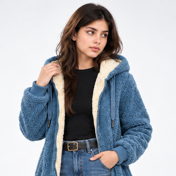 Close view of the blue jacket’s hood, cream lining, drawstrings, textured sleeves, and open zip-front styling.