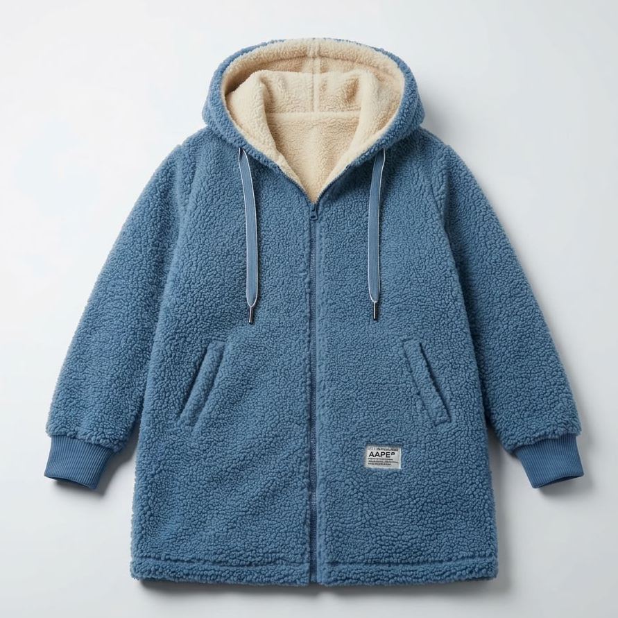 Flat lay of the blue long hooded teddy jacket, showing the closed full-length zip, drawstrings, cream hood lining, front pockets, and ribbed cuffs.