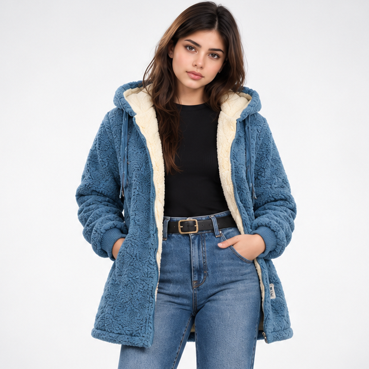 Front-facing view of the blue teddy jacket worn open, with both hands placed in its front pockets.