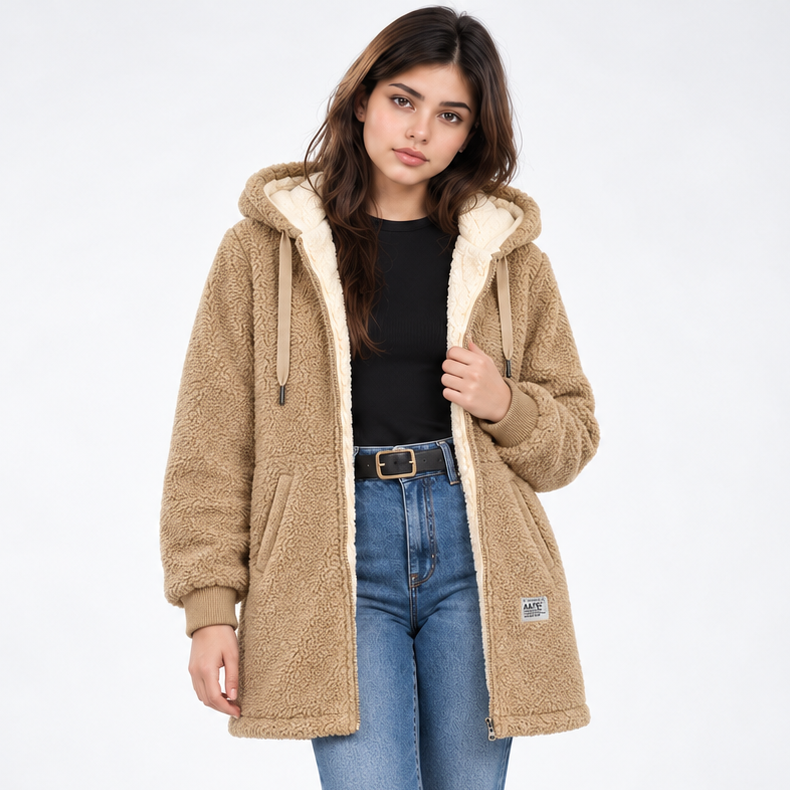 Tan version of the long hooded teddy jacket shown from the front with cream lining, drawstrings, front pockets, and ribbed cuffs.